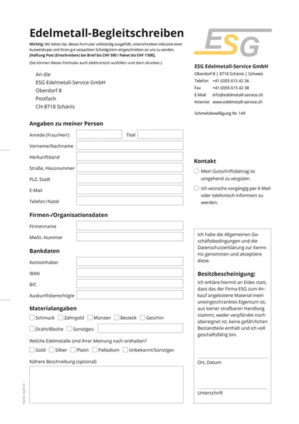 Edelmetall-Begleitschreiben